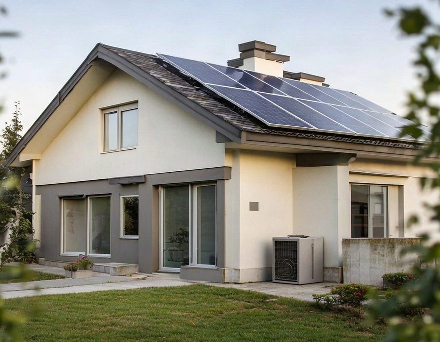 Energetisch modernisiertes Wohngebäude mit Photovoltaikanlage und Wärmepumpe